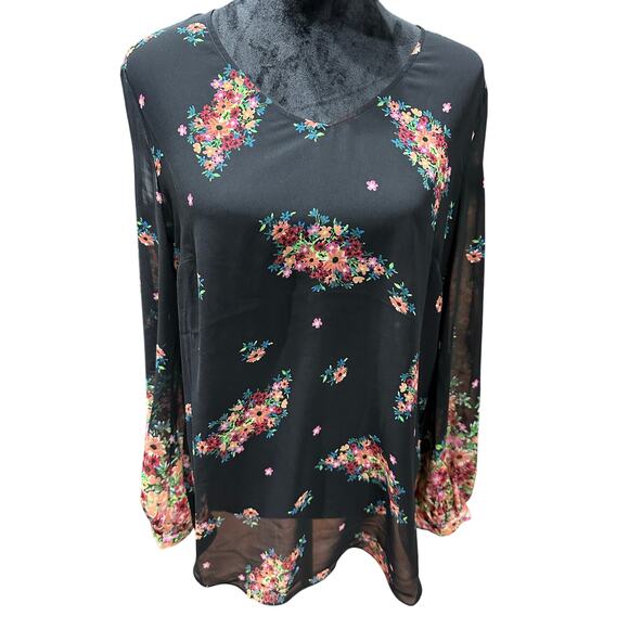 Cabi Top Pullover Sheer Black Floral Long Sleeve Colorful Flowy lightweight M - Picture 1 of 9